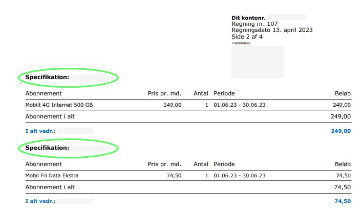 Her kan du se, at dit EM/EF/FO/YC/YL-nummer står ud for Specifikation på din regning