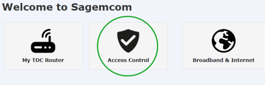 Billedet viser routerens startside, når du er logget ind. Her skal du vælge Access Control.